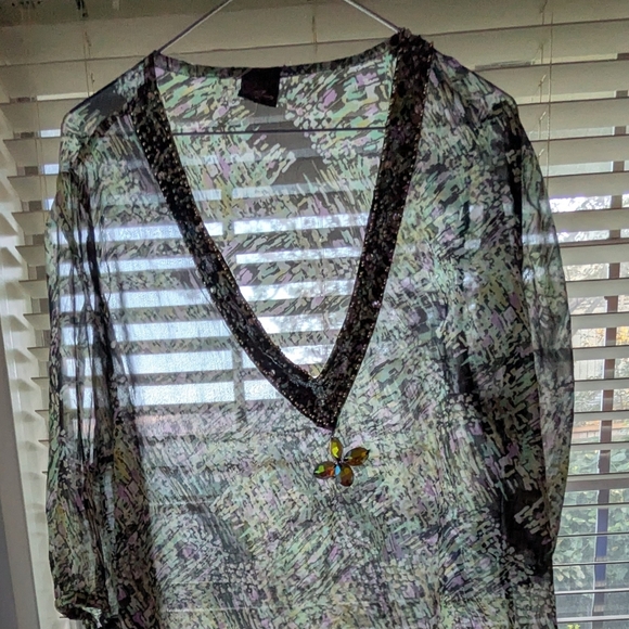 Ace Fashion Sheer V-Neck Tunic Blouse Abstract Flowy  Beaded Crystals Bohemian - Picture 16 of 16